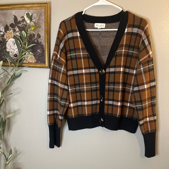 Marled Brown Plaid Cropped Cardigan Sweater XL Academia Preppy Cozy - Picture 2 of 6